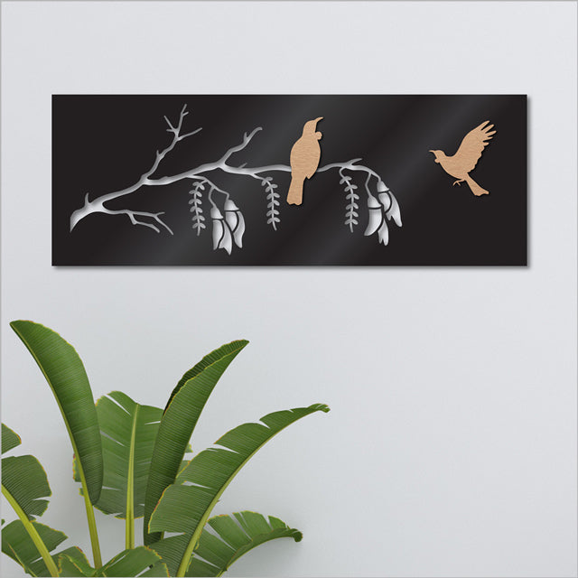Large two-tone Tui Kowhai wall art in black and copper, perfect for indoor or outdoor decor, showcasing New Zealand culture.
