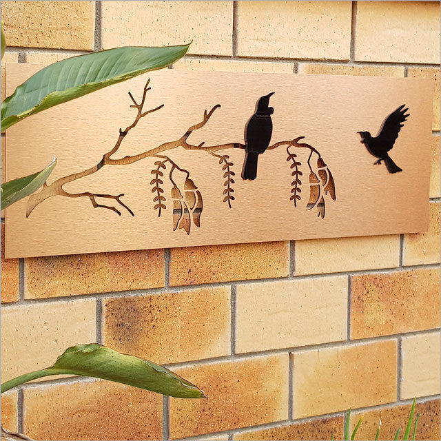 Large 2 Tone Tui Kowhai wall art in copper and black, featuring Kiwiana design and durable, lightweight construction.