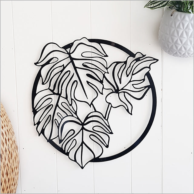 Large black Monstera Deliciosa wall art, perfect for indoor/outdoor use, crafted from durable lightweight ACM, 395mm x 420mmH.
