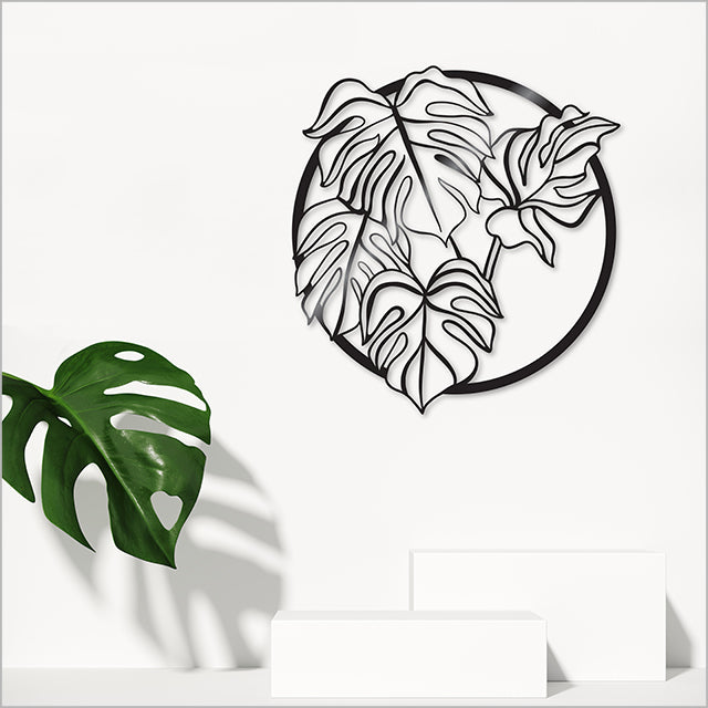 Large black Monstera Deliciosa wall art, perfect for indoor/outdoor decor, lightweight and durable, ready to hang.