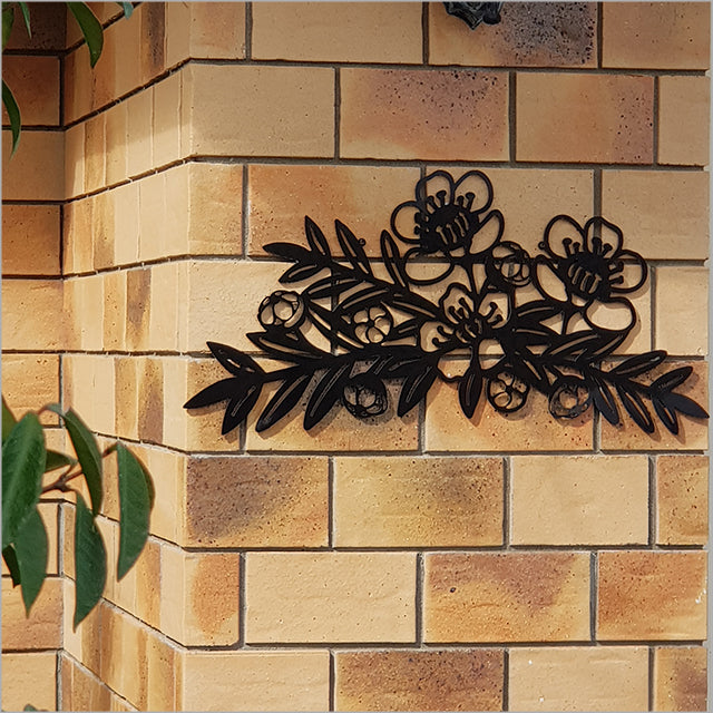 Large black Manuka branch wall art, crafted from durable ACM, perfect for indoor or outdoor New Zealand-inspired decor.