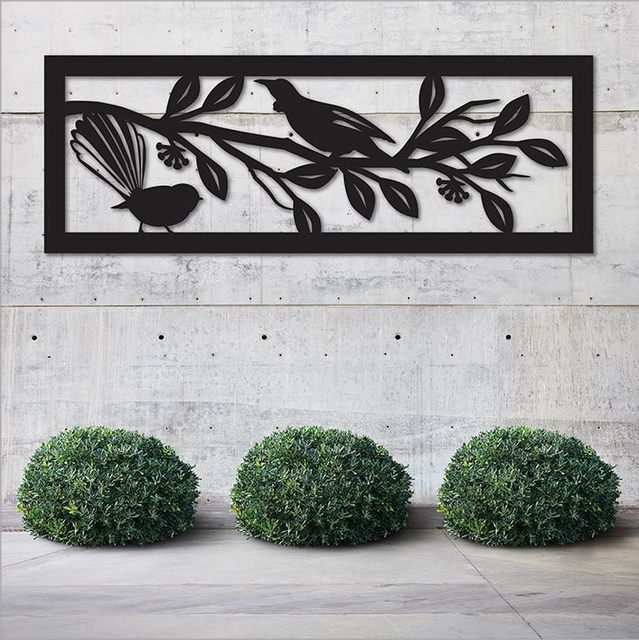 Large black Tui Fantail wall art panel (790mm x 285mm) made of durable Aluminium Composite, perfect for indoor or outdoor use.
