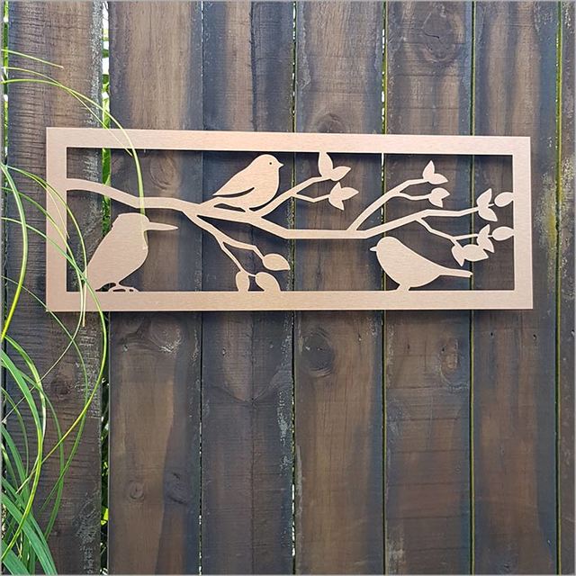 Large brushed copper wall art panel featuring three elegant birds, ideal for indoor and outdoor decor, measuring 790mm x 285mm.