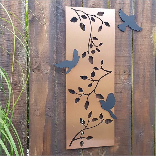 Brushed copper wall art featuring elegant branches and three customizable black acrylic birds, perfect for any indoor/outdoor space.