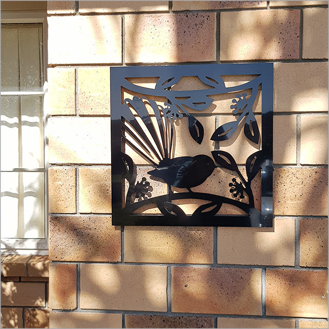 Large square wall art featuring a black Fantail design, ideal for indoor or outdoor décor, celebrating Kiwiana aesthetics.