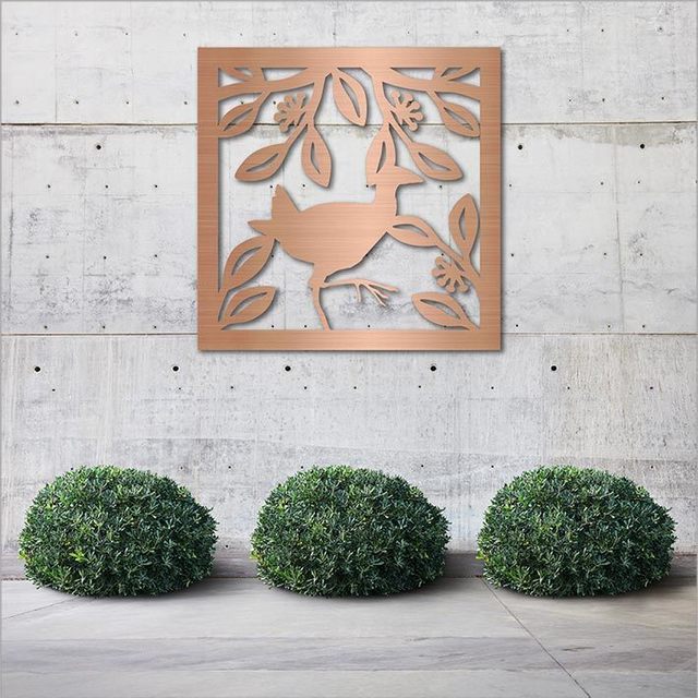 Large square wall art featuring a Fantail bird on brushed copper, ideal for indoor/outdoor Kiwiana decor.
