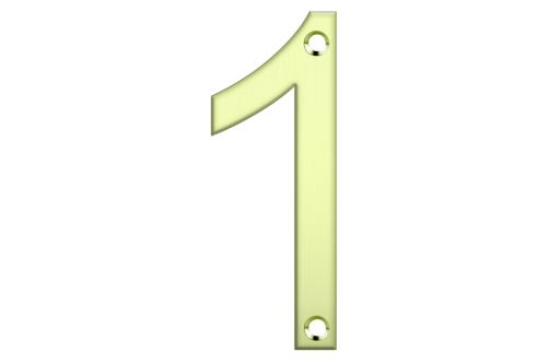 Polished brass house number "1", 80mm tall, elegant design for mailboxes or doors, weather-resistant and durable.
