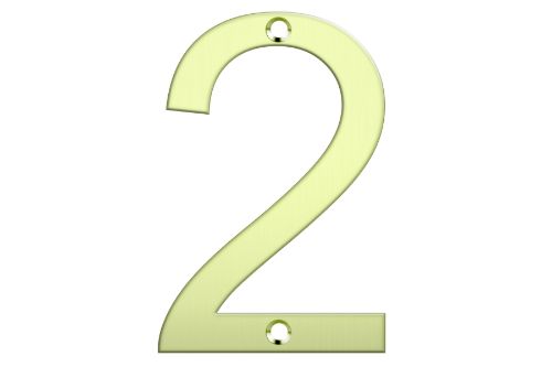 Polished brass letter box number "2", 80mm tall, stylish and durable for enhancing home address displays.