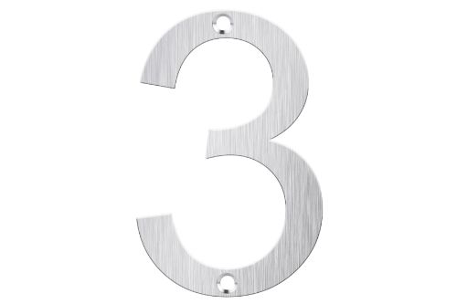 Brushed stainless steel letter box number "3", 80mm tall, durable and stylish for easy address visibility.