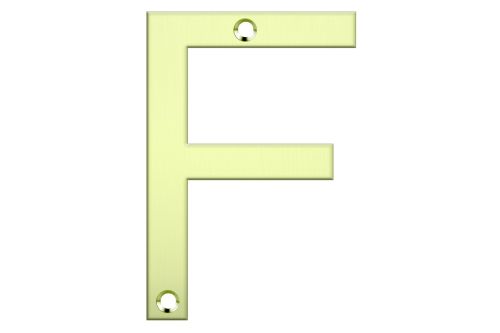 Polished brass letter box number "F," 80mm high, adds elegance to mailboxes and entrances with easy installation.