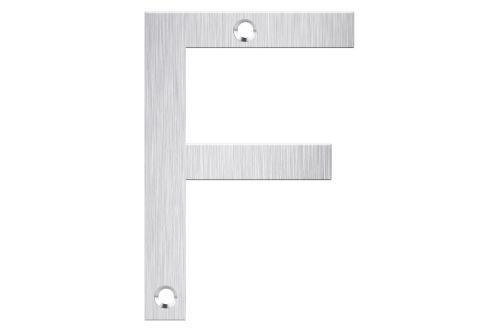 Stainless steel letterbox number 'F' in brushed finish, durable and stylish for home or office identification.