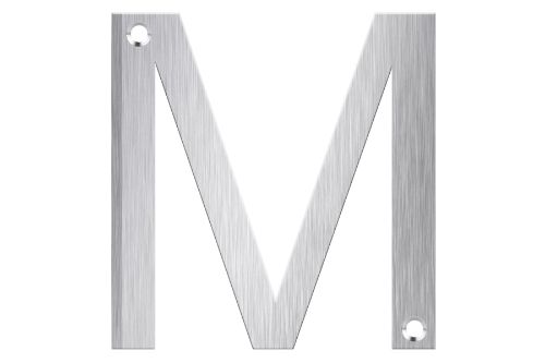Stylish brushed stainless steel letter box number "M", designed for durability and contemporary curb appeal.