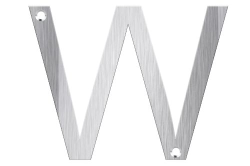 Brushed stainless steel letter box number "W," designed for durability and easy visibility on homes.