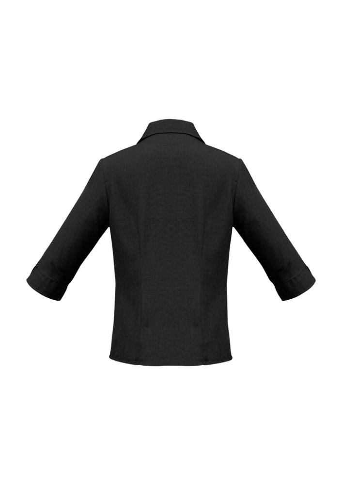 Ladies black 3/4 sleeve shirt, Size 14, made from breathable performance fabric with a stylish curved hem and UPF protection.