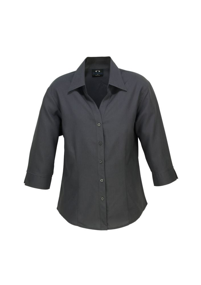 Charcoal 3/4 sleeve shirt for women, size 6, made from breathable UPF-rated polyester, featuring an open neckline and curved hem.