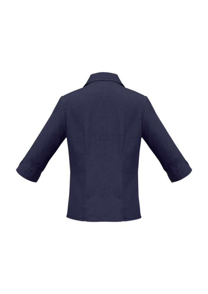 Ladies Navy 3/4 Sleeve Shirt in Size 18, featuring breathable fabric, UPF protection, and a stylish curved hem.