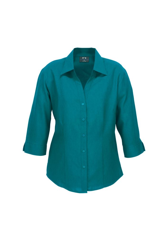 Teal 3/4 sleeve shirt for women, made with breathable polyester, featuring an open neckline and a flattering curved hem.