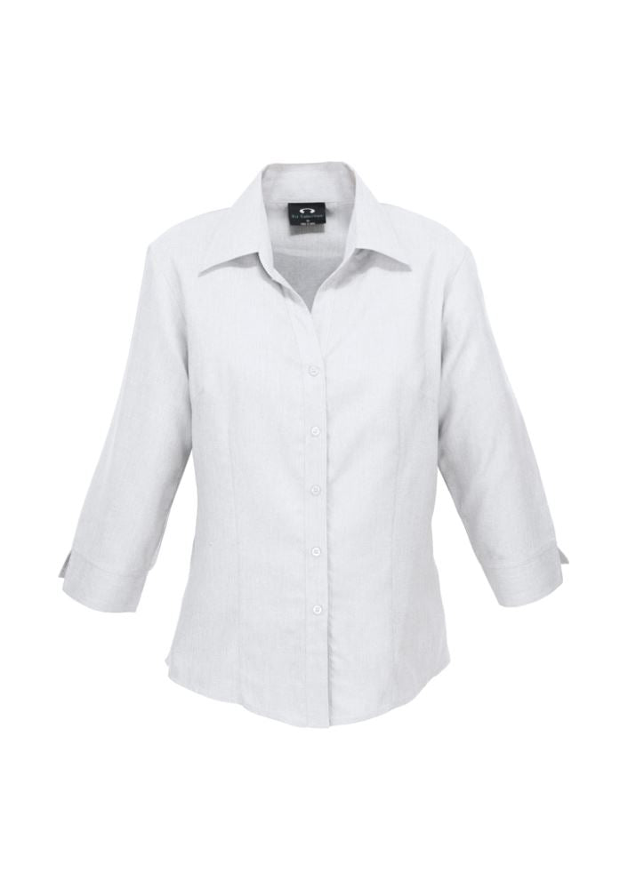 Ladies white 3/4 sleeve shirt from Biz Collection, featuring breathable fabric, UPF protection, and a curved hem for versatile styling.