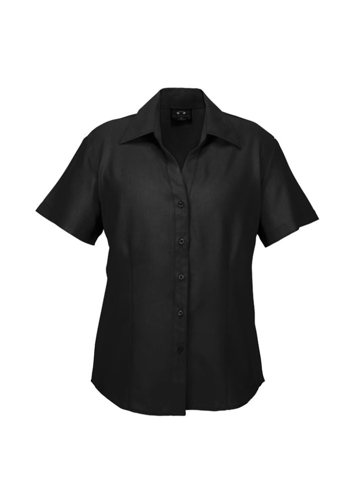 Ladies black short sleeve shirt in size 26, featuring breathable fabric, elegant open neckline, and curved hem for versatile styling.