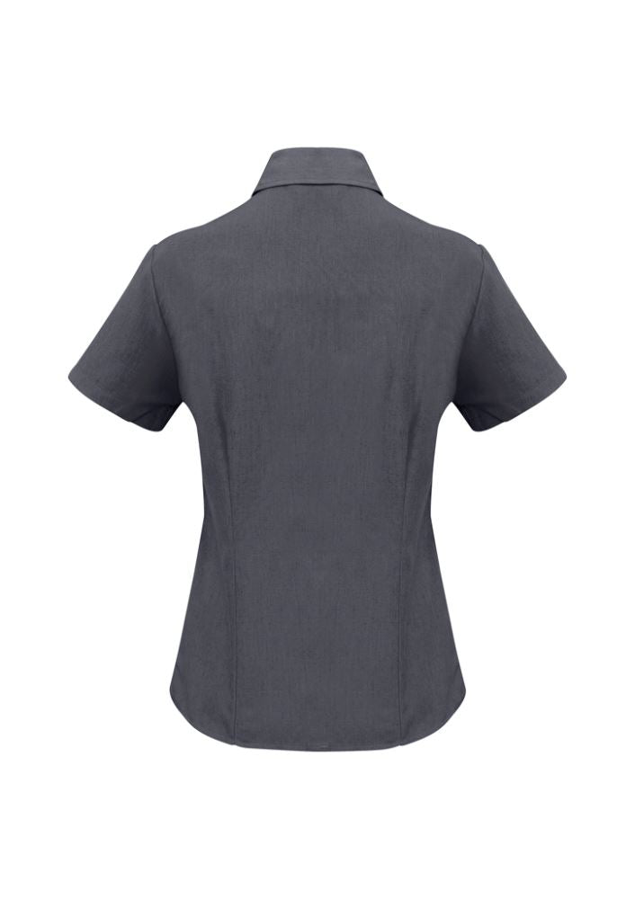 Charcoal short sleeve shirt for women, featuring a flattering open neckline and breathable fabric, size 16 by Biz Collection.