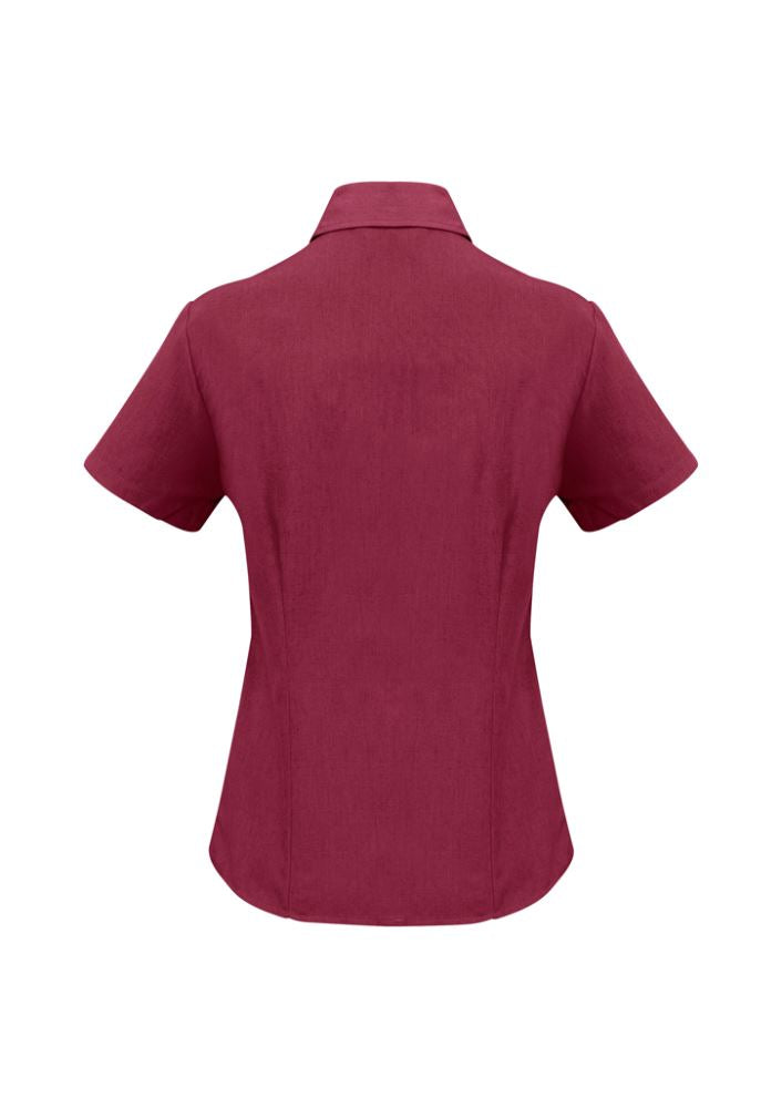 Ladies Cherry Oasis Short Sleeve Shirt, Size 12, featuring breathable fabric, UPF protection, and a stylish curved hem.