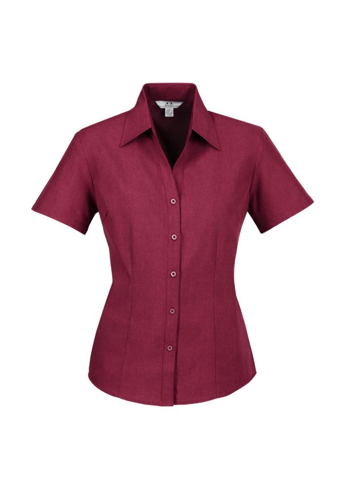 Ladies cherry short sleeve shirt, size 14, featuring breathable fabric, open neckline, and curved hem for versatile styling.