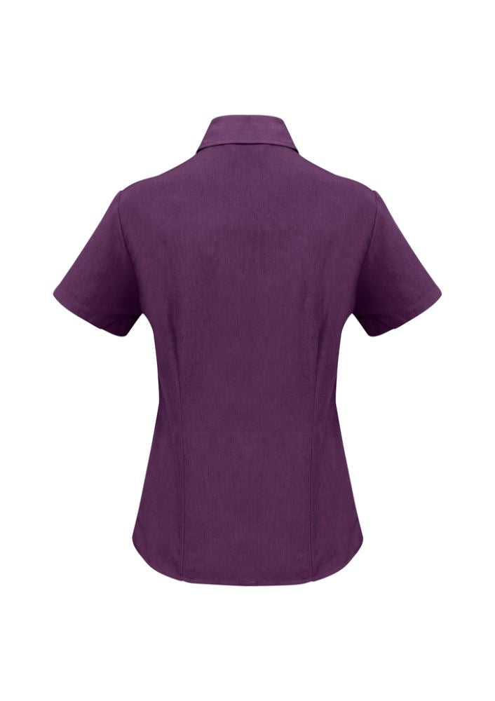 Ladies short sleeve shirt in vibrant grape, size 20, made from breathable polyester with UPF protection and stylish design.