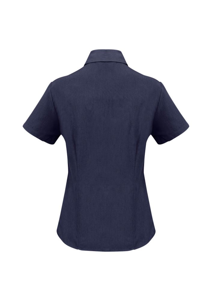 Navy short sleeve shirt for women, size 20, featuring breathable fabric, open neckline, and curved hem for versatile styling.
