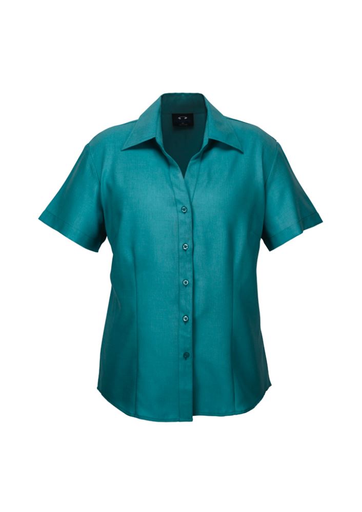 Teal short sleeve shirt for women, featuring breathable fabric, open neckline, and curved hem for stylish versatility.