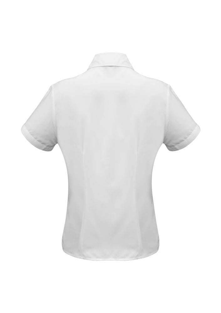 Ladies white short sleeve shirt size 24, featuring breathable fabric, chic open neckline, and versatile curved hem.