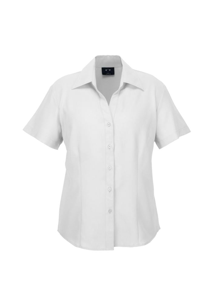 Ladies white short sleeve shirt, size 22, featuring breathable polyester, open neckline, and stylish curved hem for comfort and elegance.