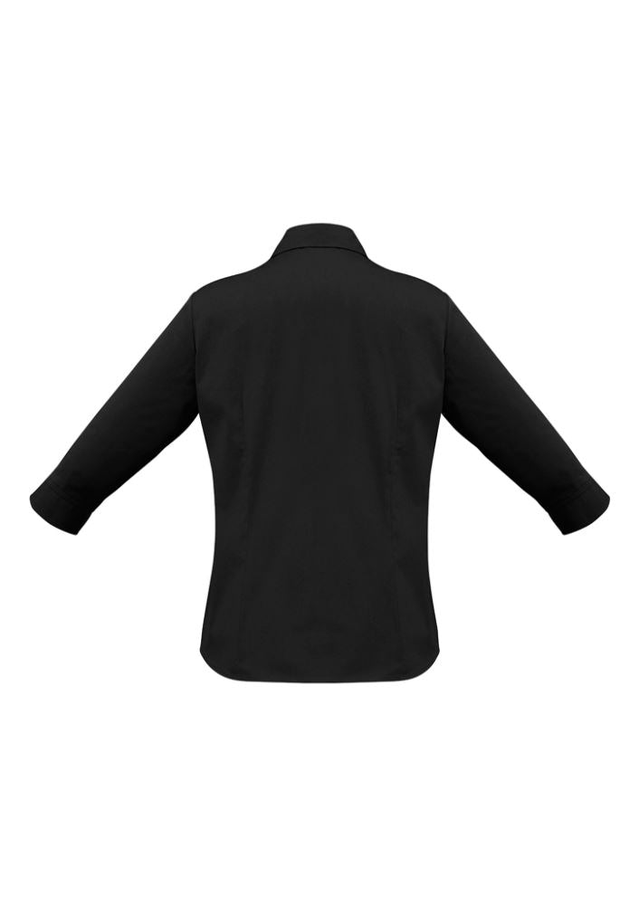 Ladies Metro 3/4 Sleeve Shirt in black, size 10, featuring cuffed sleeves and flattering open neckline for versatile style.