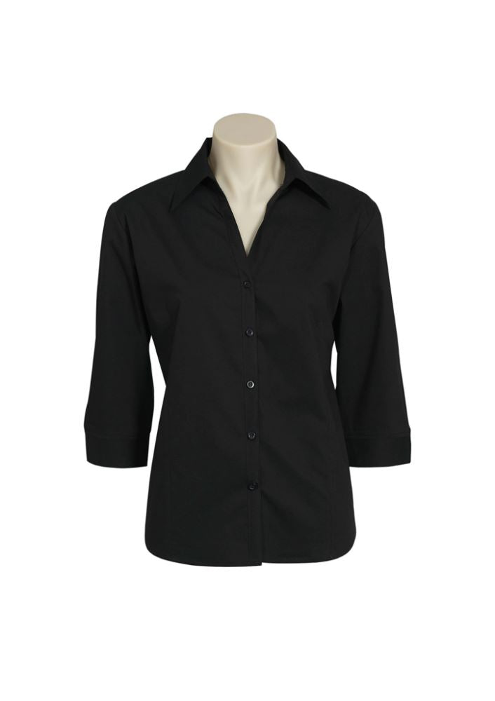 Ladies Metro 3/4 Sleeve Shirt in black, size 14, featuring a stylish open neckline, cuffed sleeves, and flattering curved hem.