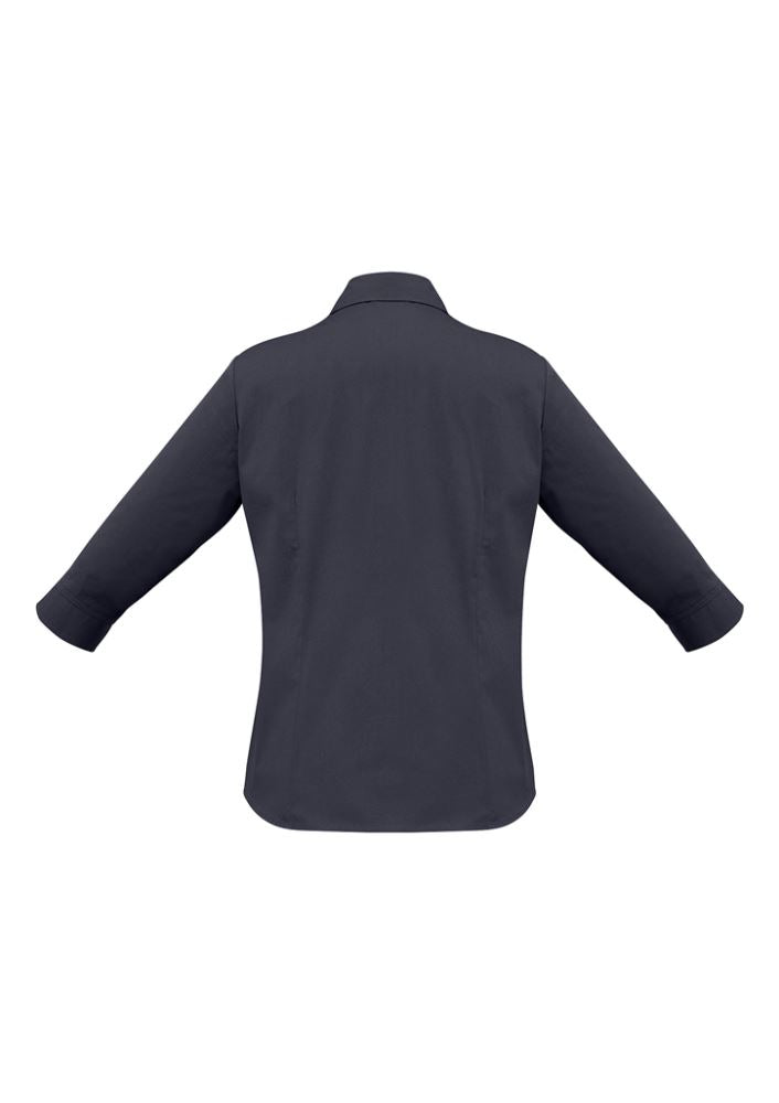 Charcoal 3/4 sleeve shirt for women, size 26, featuring a stylish open neckline, cuffed sleeves, and UPF protection.