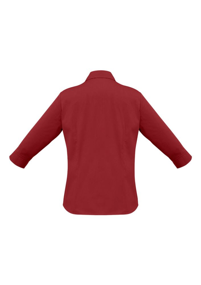 Ladies Metro 3/4 Sleeve Shirt in Cherry, Size 8, featuring an open neckline, cuffed sleeves, and UPF protection for sunny days.