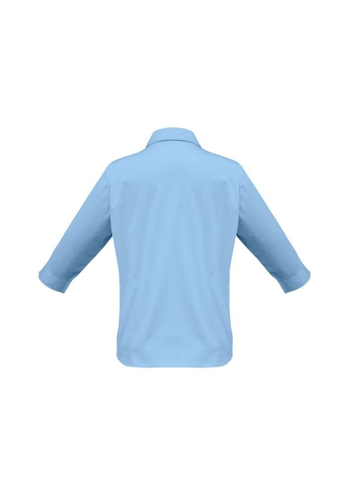 Ladies Metro 3/4 Sleeve Shirt in Sky blue, size 8, featuring a stylish open neckline and cuffed sleeves for versatile wear.
