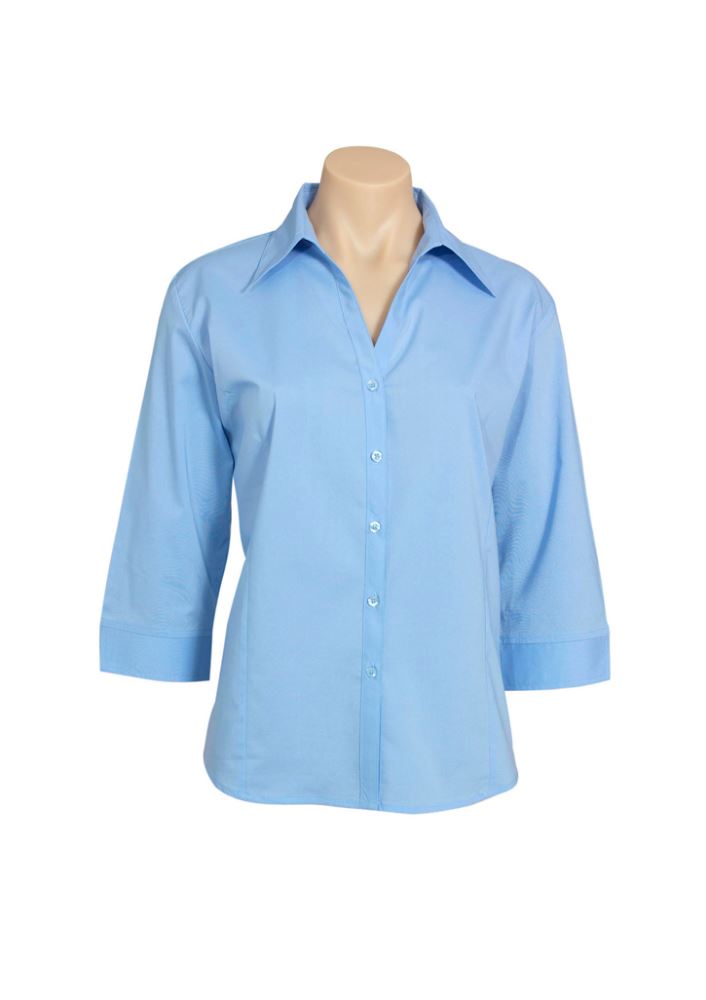 Ladies Metro 3/4 Sleeve Shirt in Sky, Size 20, featuring an open neckline, cuffed sleeves, and UPF protection for style and comfort.