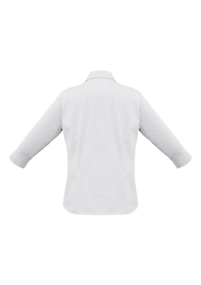 Ladies Metro 3/4 Sleeve Shirt in white, size 6, featuring an open neckline, cuffed sleeves, and UPF protection for stylish comfort.