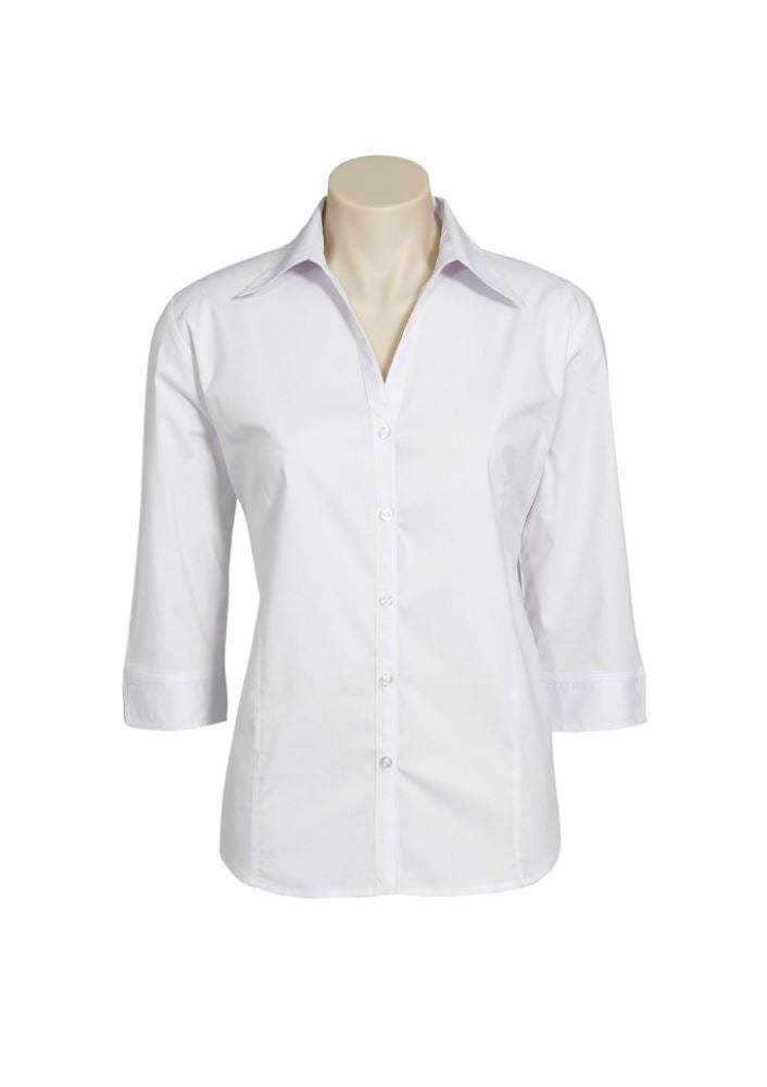 Ladies Metro 3/4 Sleeve Shirt in white, size 24; features open neckline, cuffed sleeves, and UV protection for versatile styling.