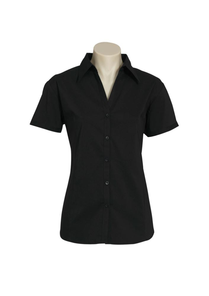 Ladies black short sleeve shirt, size 14, featuring a UPF rating, open neckline, cuffed sleeves, and flattering curved hemline.