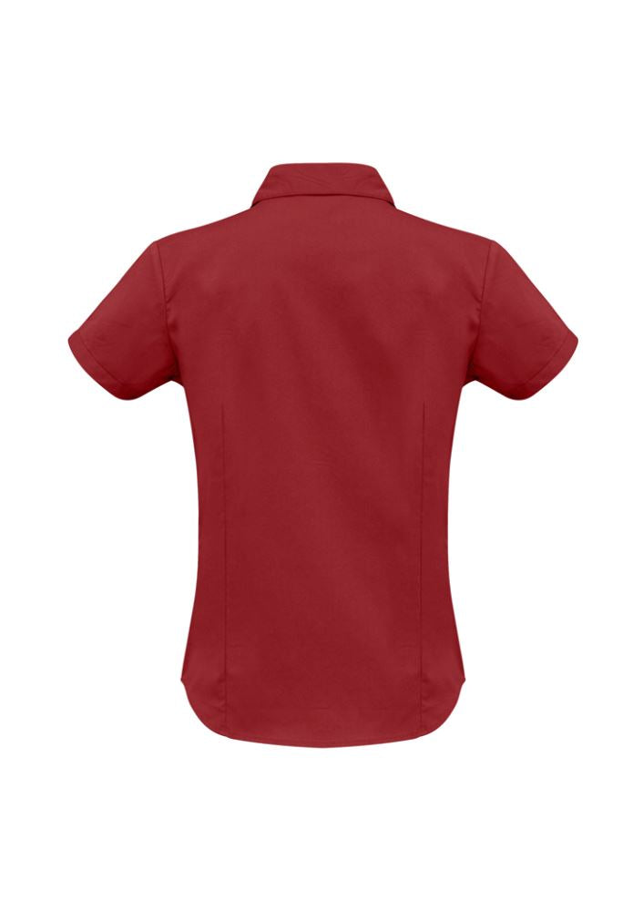 Vibrant cherry short sleeve shirt for women, size 6, featuring cuffed sleeves and UPF protection from Biz Collection.