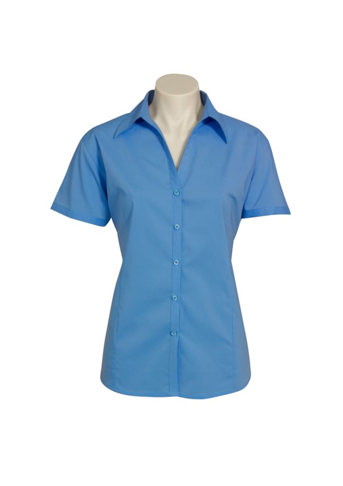 Mid Blue ladies' short sleeve shirt in Size 8 with open neckline, cuffed sleeves, and curved hem for comfort and style.