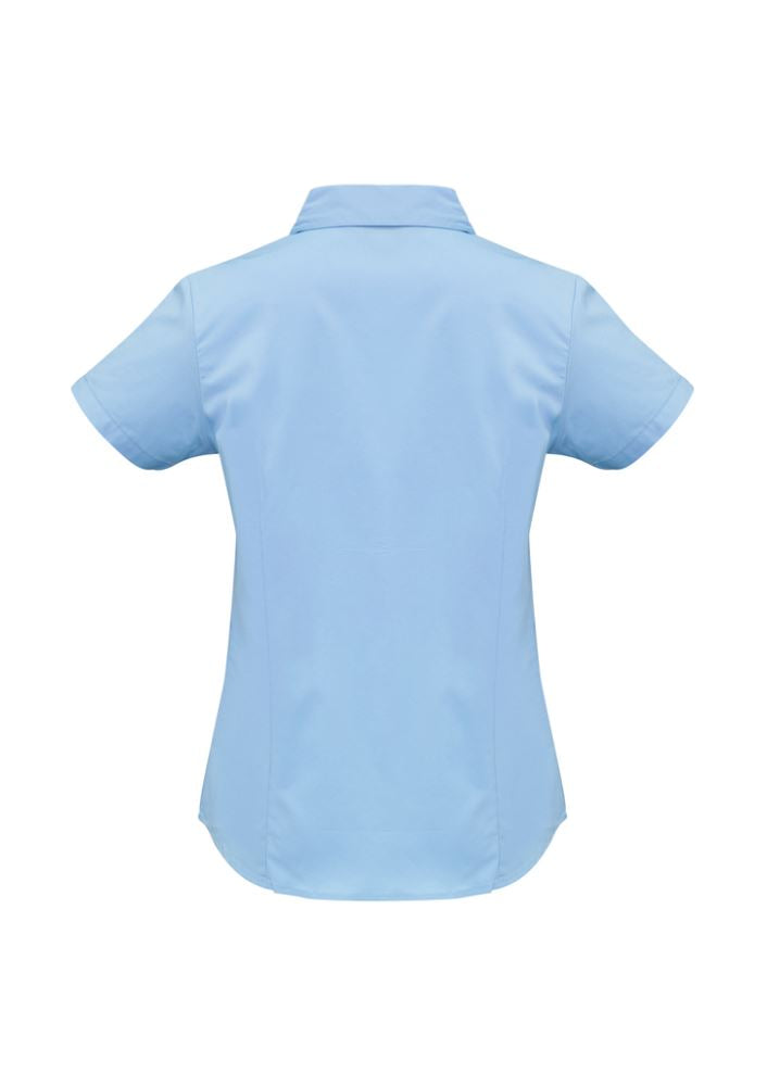 Ladies Metro Short Sleeve Shirt in Sky, size 16, featuring a breathable fabric blend, cuffed sleeves, and stylish design.