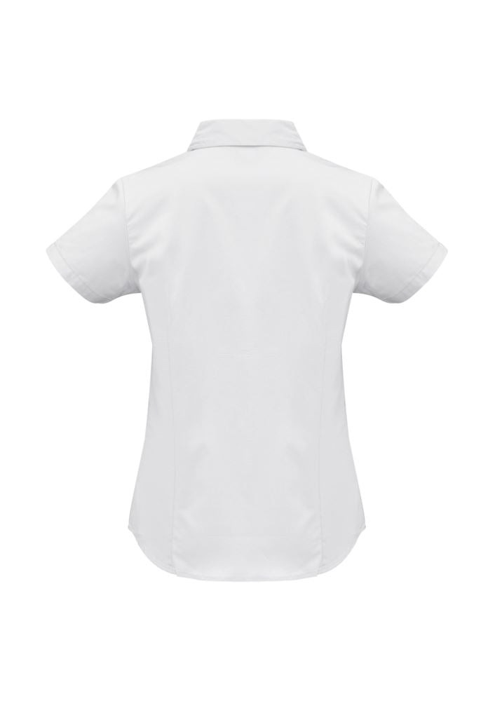Ladies white short sleeve shirt, size 8, featuring cuffed sleeves, open neckline, and curved hem for stylish comfort.