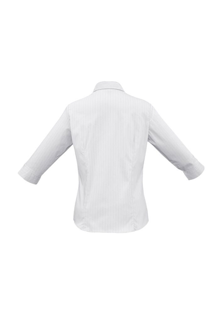 Ladies Manhattan 3/4 Sleeve Shirt in White and Black, Size 14, featuring stylish buttons and a flattering curved hem.