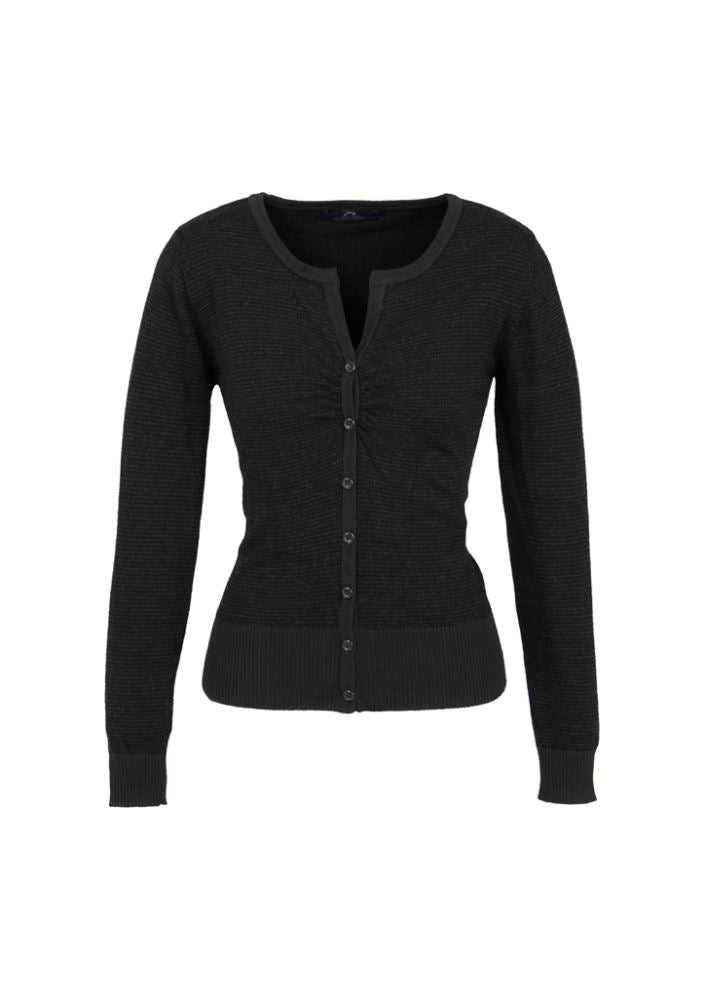 Elegant black Merino wool cardigan for women, featuring a button-through front and stylish gather detail, size M.