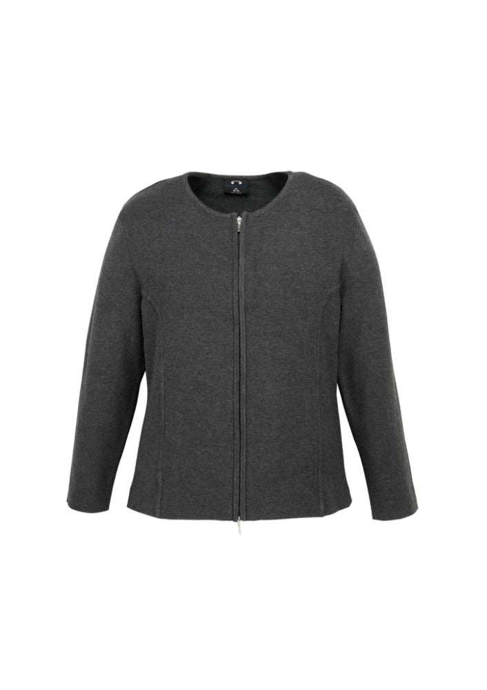Ladies charcoal 2-way zip cardigan in Size S, featuring versatile styling and cozy 12 gauge fabric from Biz Collection.