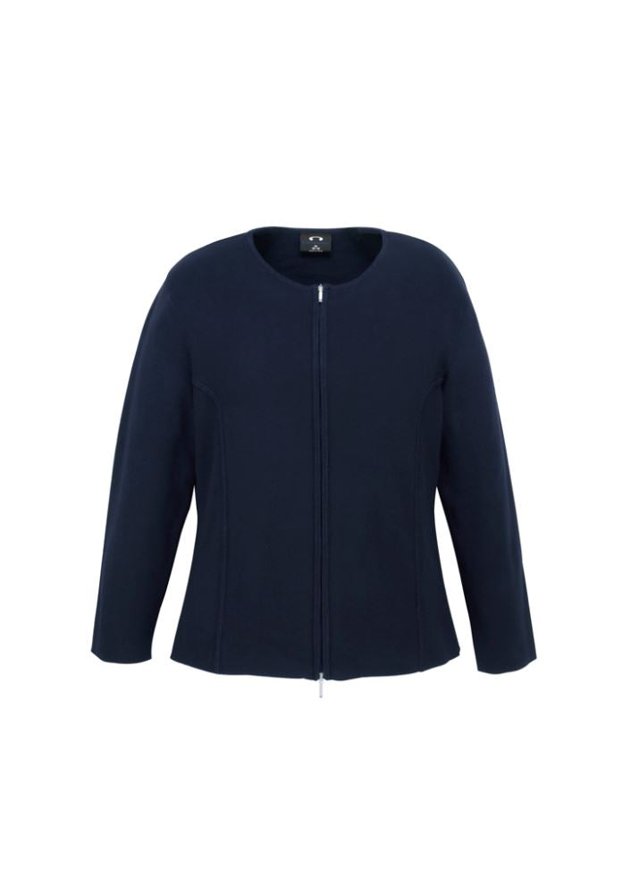 Navy ladies 2-way zip cardigan from Biz Collection, size L, featuring soft fabric and versatile styling options.