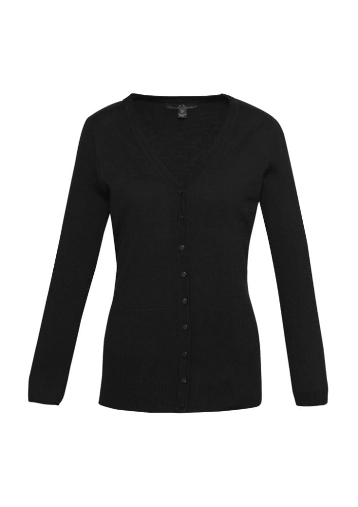 Ladies Milano Cardigan in black, size M, featuring a longer hip length, ribbed details, and a tailored button placket.