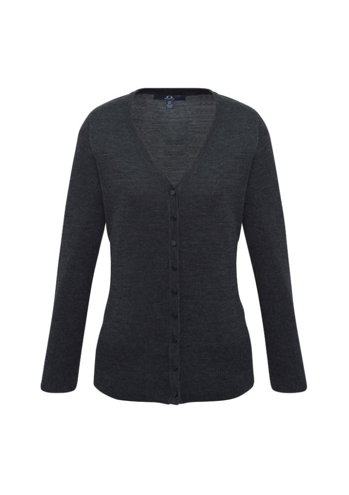 Charcoal Ladies Milano Cardigan in Size S, featuring a soft wool blend, button placket, and stylish ribbed details.
